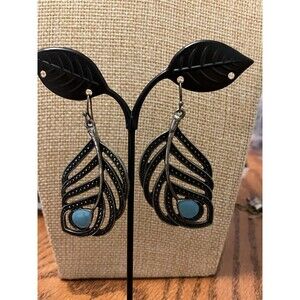 Silver Tone Faux Turquoise Feather Earrings Boho Southwest Tribal Style Dangle